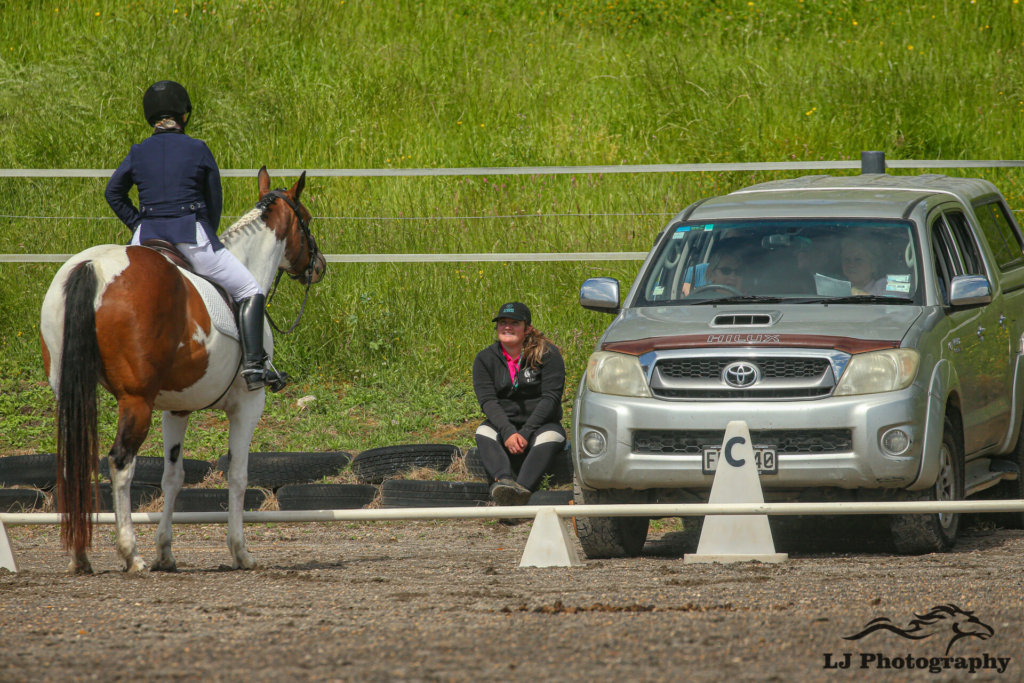 Dressage demo rider Kay Bell on Cheyenne with ambassadors Alyssa Harrison watching and Nicky Hallen in car.  Credit LJ Photography.