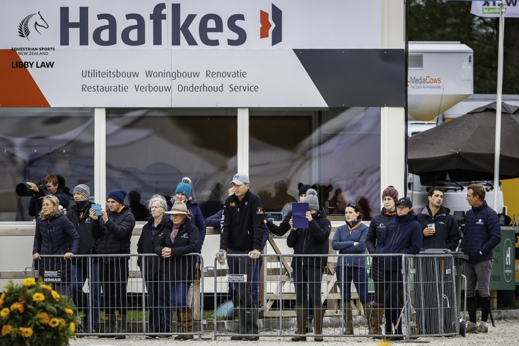 The NZL contingent watch: NZL-Dan Jocelyn rides Lissyegan Rory during the second day of Dressage for the CCIO4*-L FEI Nations Cup Eventing. 2019 Military Boekelo-Enschede International Horse Trials. Friday 11 October. Copyright Photo: Libby Law Photography